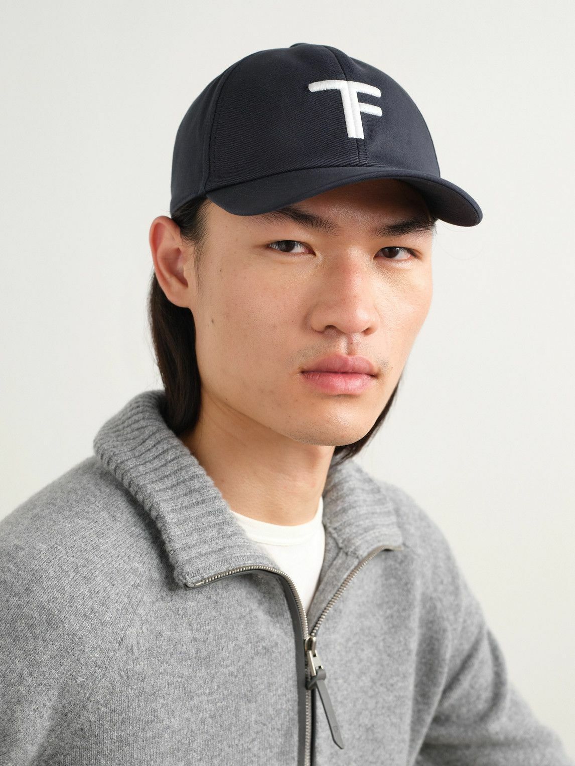 Tom Ford - Logo-Embroidered Leather-Trimmed Cotton-Twill Baseball Cap - Blue