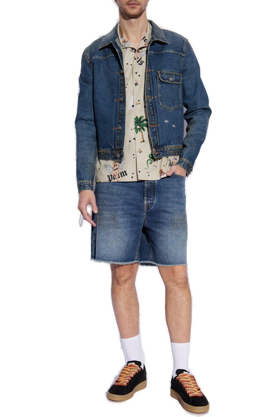 Palm Angels Logo Printed Frayed Hem Denim Shorts