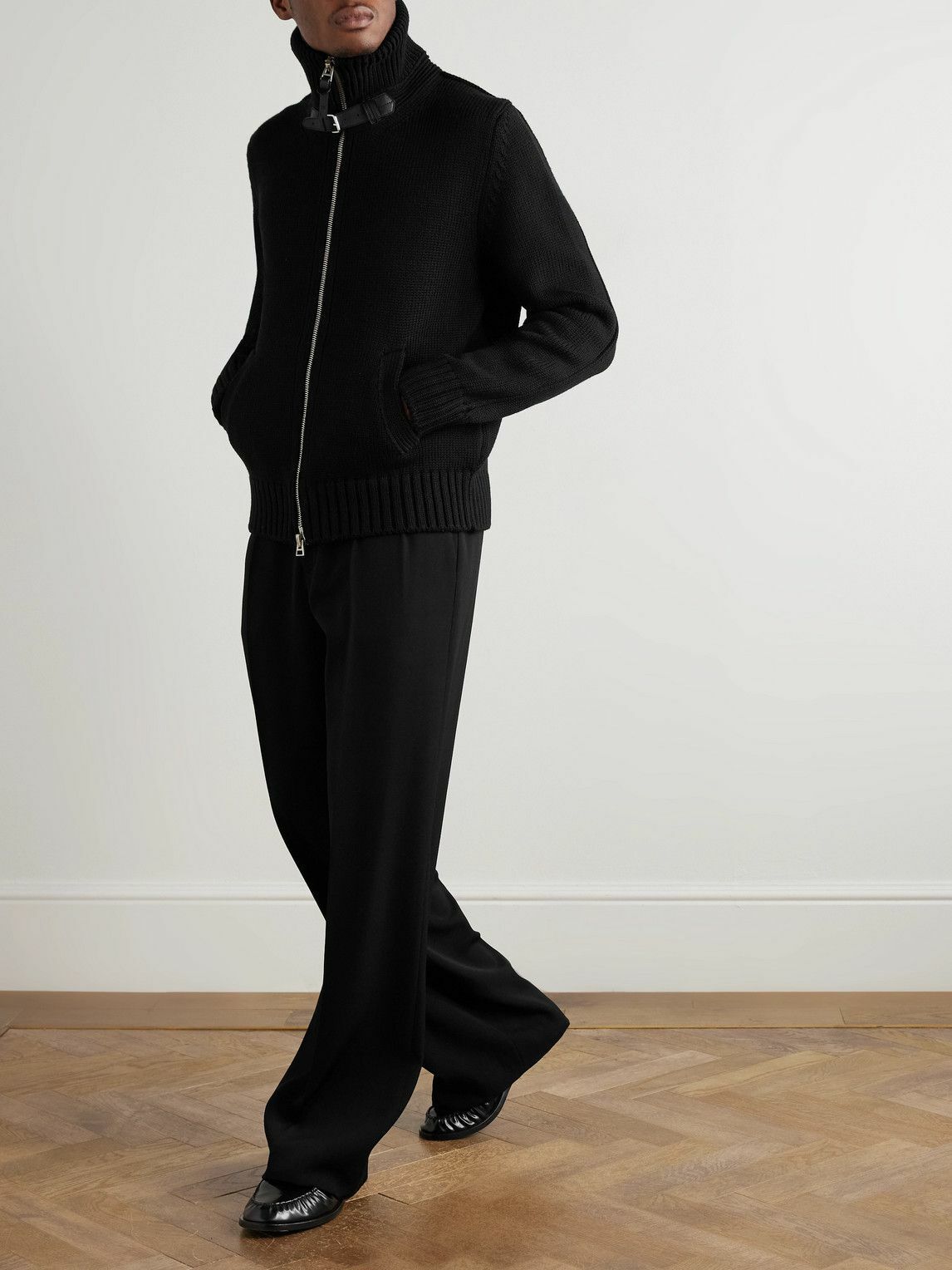 TOM FORD - Leather-Trimmed Ribbed Merino Wool Bomber Jacket - Black