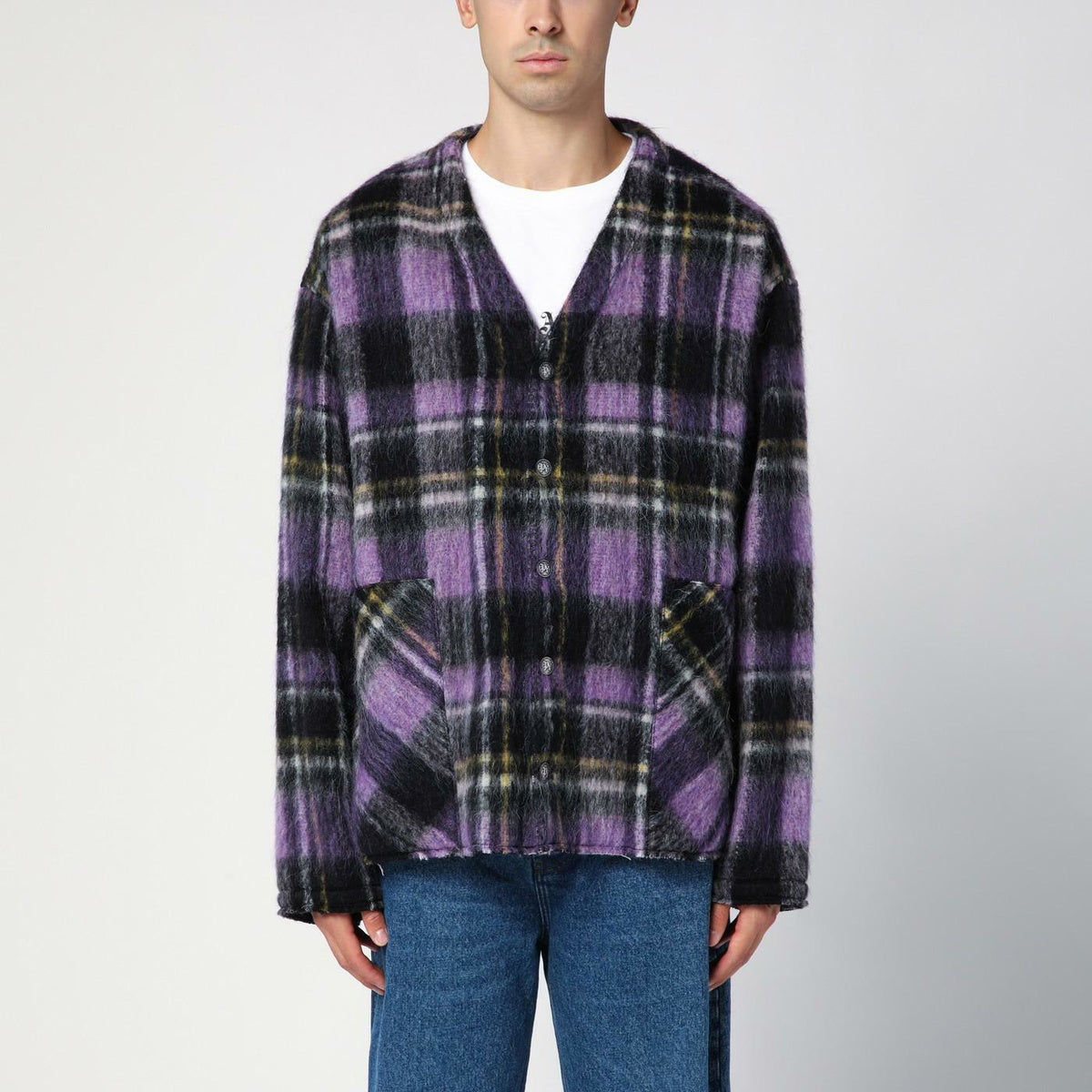 Palm Angels Over Shirt In Violet Check Wool