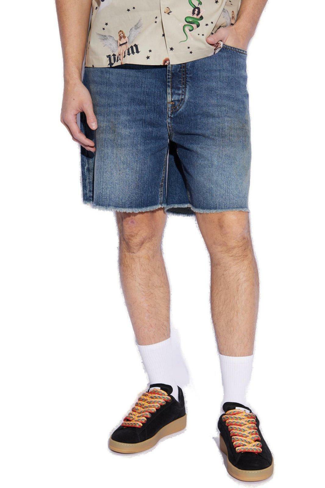 Palm Angels Logo Printed Frayed Hem Denim Shorts