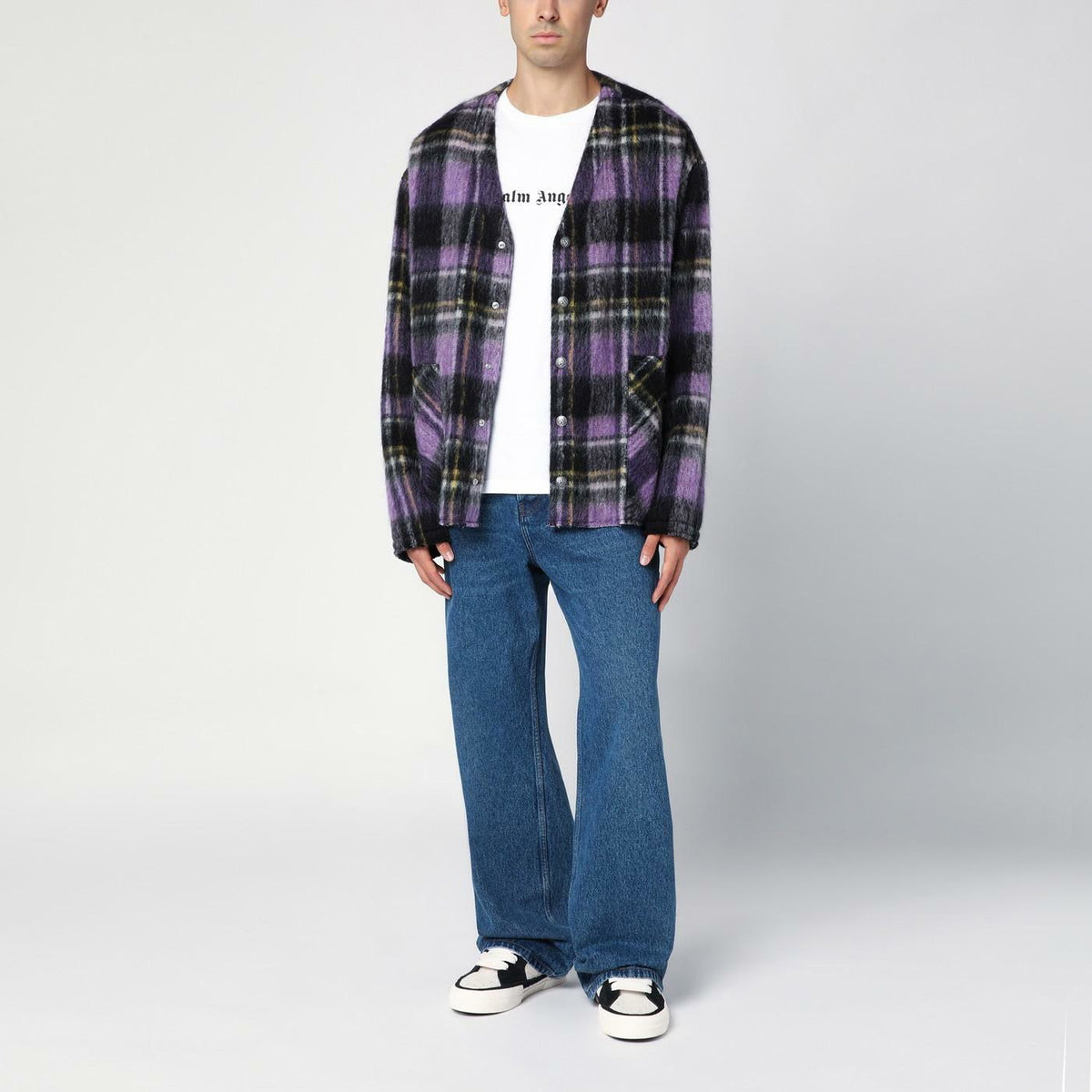 Palm Angels Over Shirt In Violet Check Wool