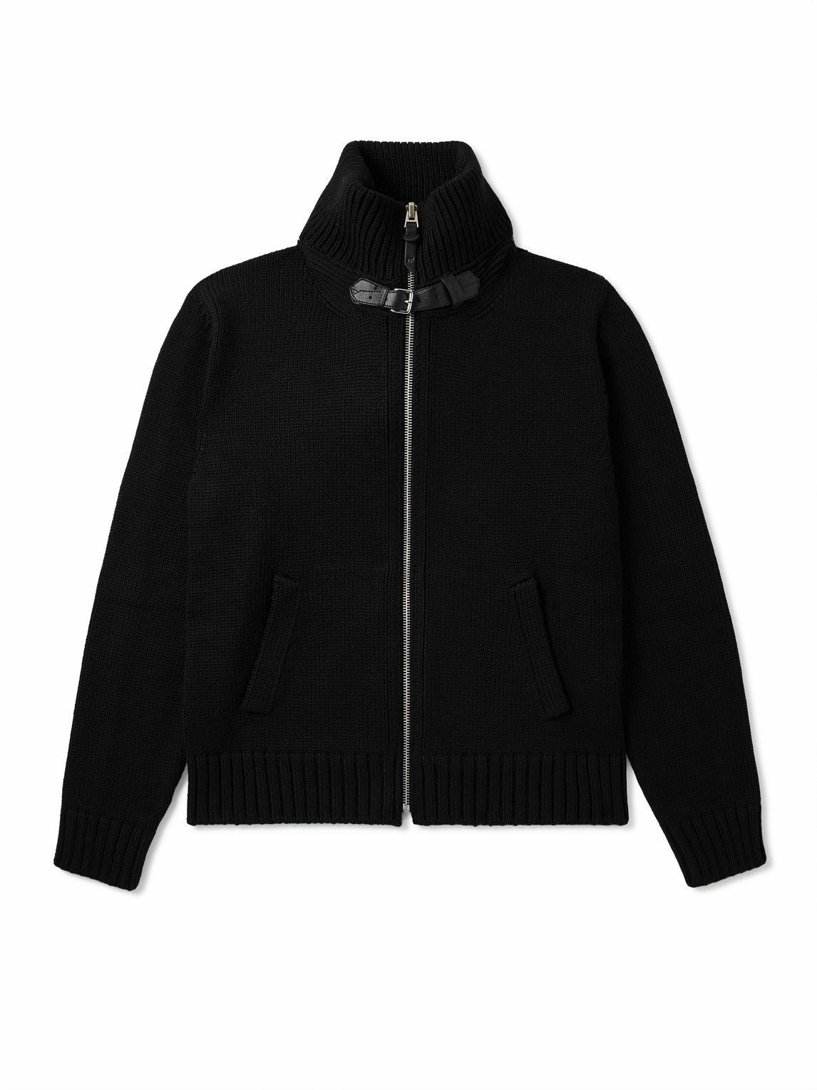 TOM FORD - Leather-Trimmed Ribbed Merino Wool Bomber Jacket - Black