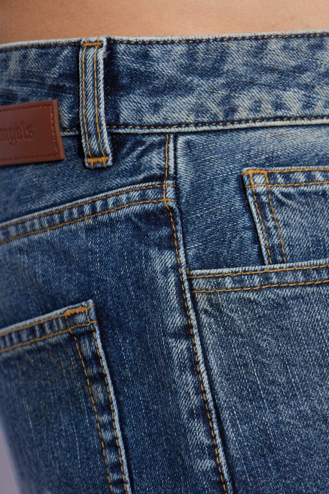 Palm Angels Logo Printed Frayed Hem Denim Shorts
