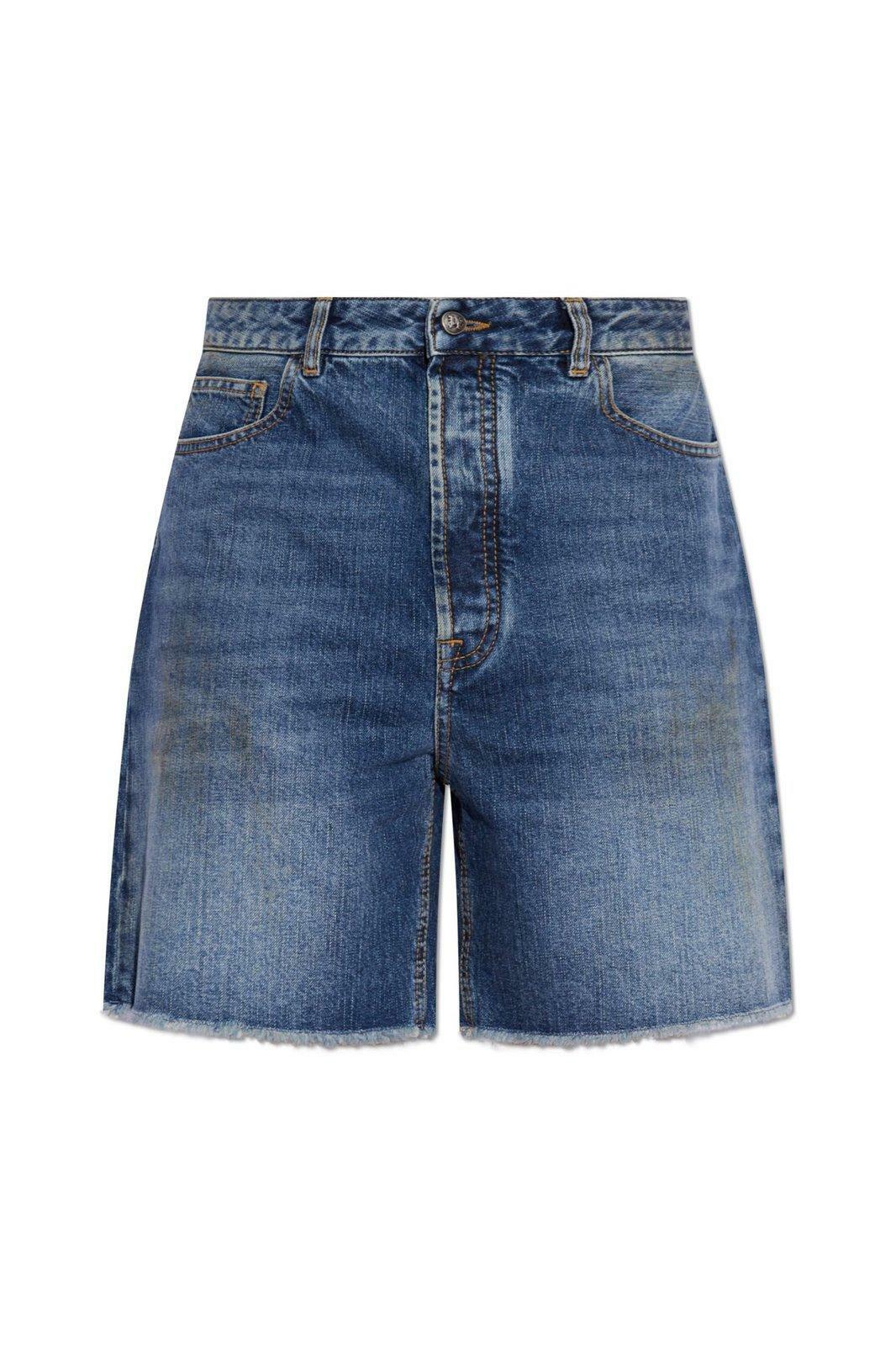 Palm Angels Logo Printed Frayed Hem Denim Shorts