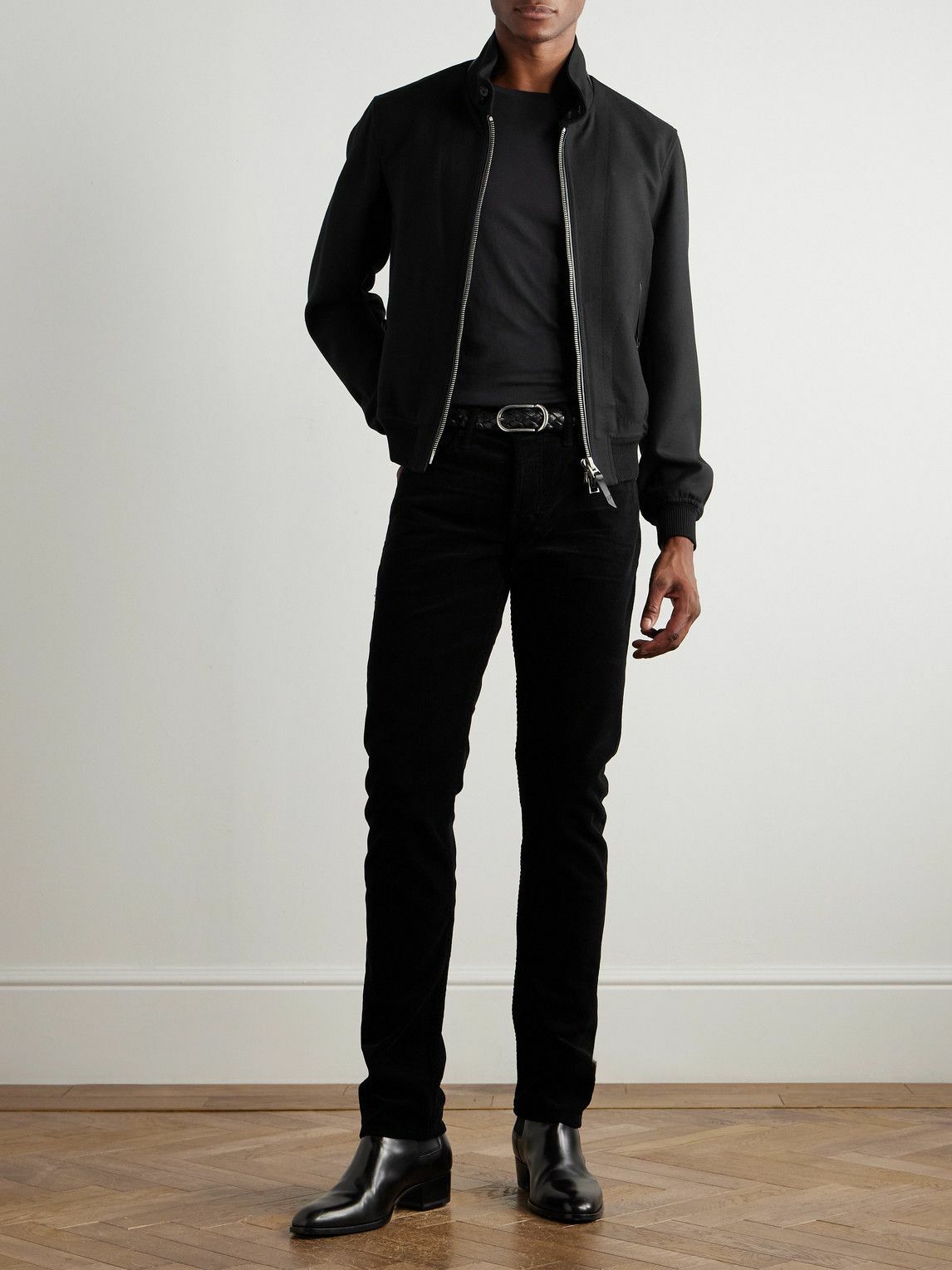 TOM FORD - Leather-Trimmed Wool and Silk-Blend Twill Bomber Jacket - Black