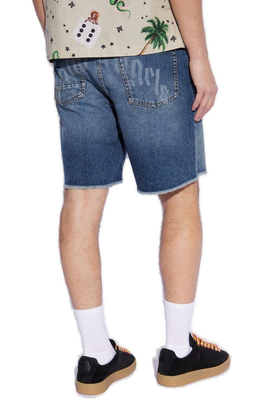 Palm Angels Logo Printed Frayed Hem Denim Shorts