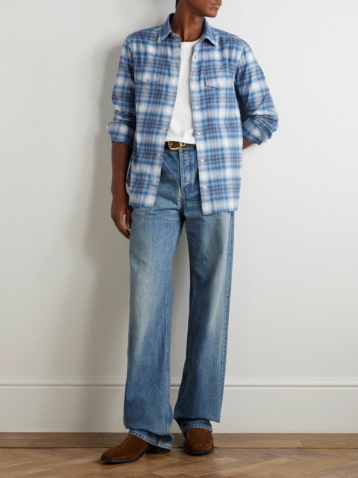 TOM FORD - Slim-Fit Checked Cotton-Poplin Shirt - Blue